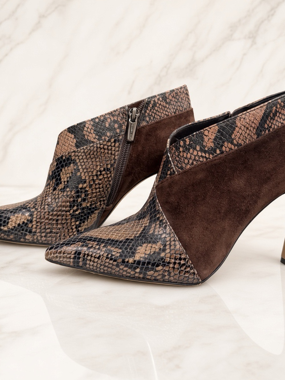 Vince Camuto Brown Snake-Print Pointed Toe Ankle Booties/Suede Detail